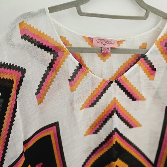 Theodora & Callum Linen Blend Poncho Top White Orange Pink O/S Caftan Tunic - Picture 2 of 5